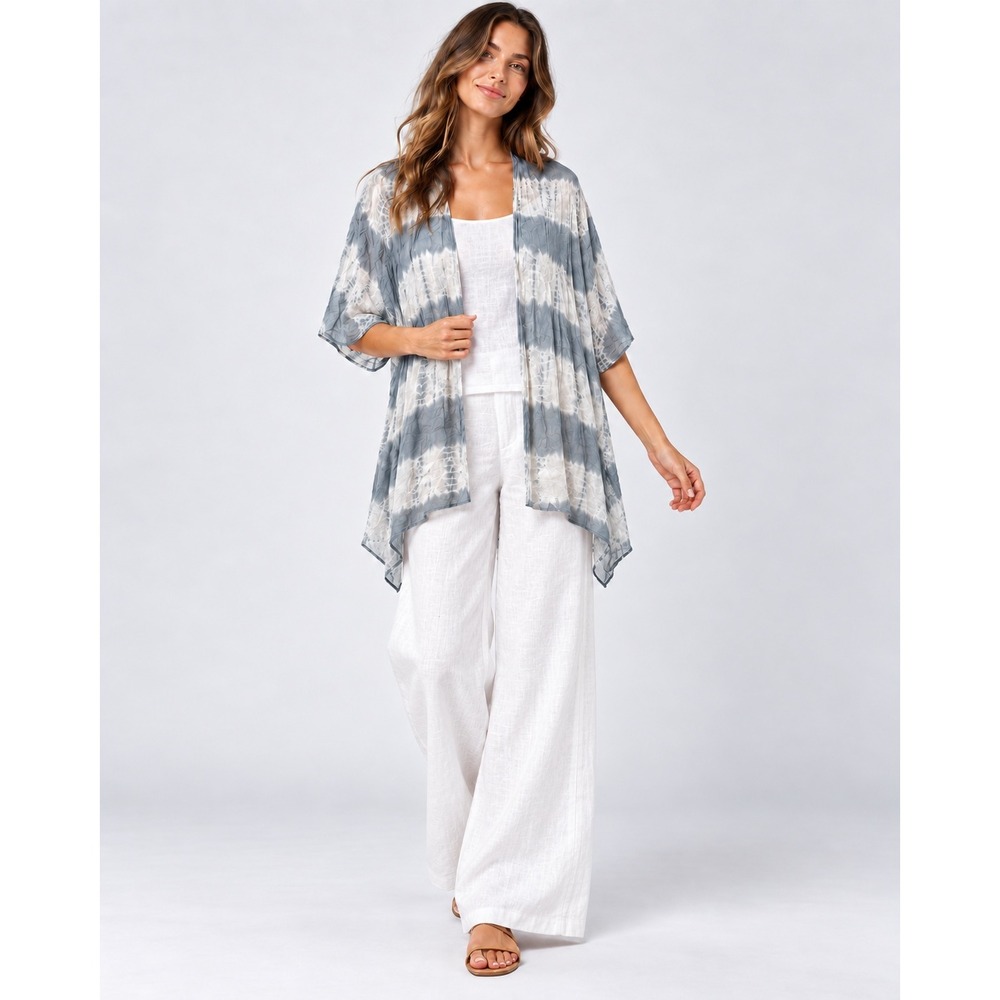 Neiman Marcus Grey White Tie Dye Kimono Cardigan XL Viscose Handkerchief Hem